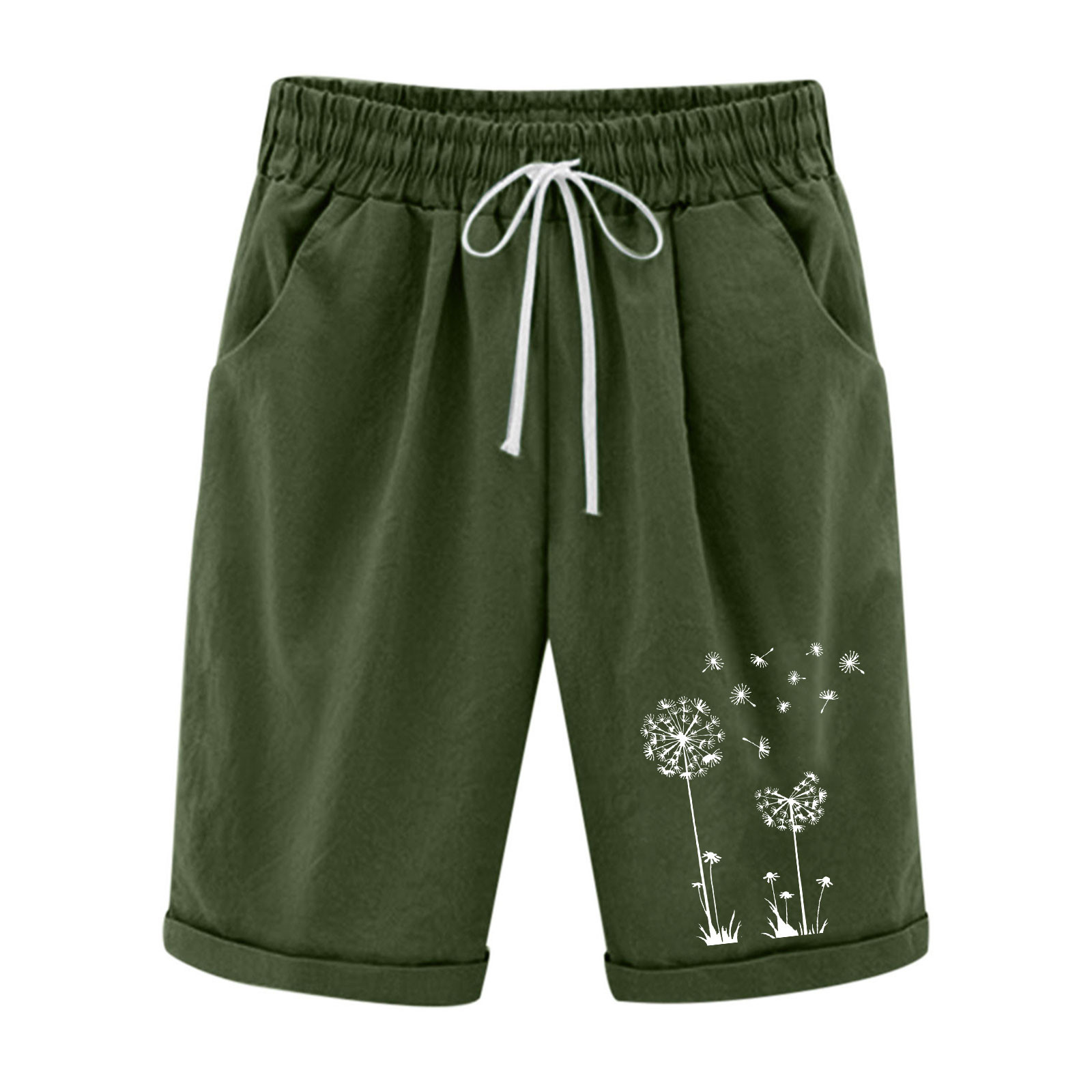 Fanxing Women Plus Size Cotton Linen Shorts Summer Drawstring Elastic Waist Short Pants Dandelion Printed Bermuda Shorts Loose Fit Straight Wide Leg Shorts My Order Status For Delivery